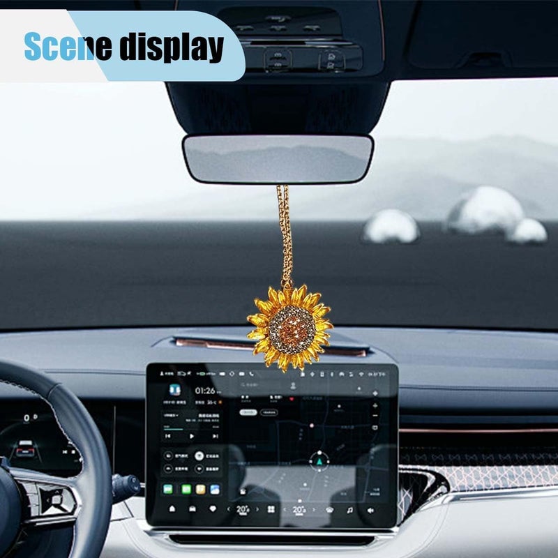 LHDOS Bling Sunflower Car Mirror Hanging Accessories, Crystal Diamond Car Interior Ornament Pendant for Women, Lucky Rear View Mirror Charm for Auto Decoration Present - Image 4